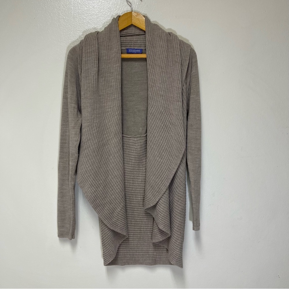 Vivienne Tam Neutral Taupe Rib Knit Waterfall Cardigan Longline Drape Sweater